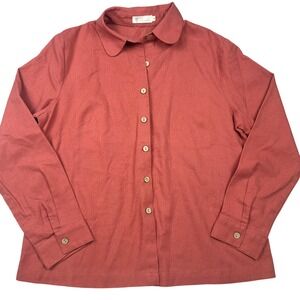 Hannah Canvas Linen Button Up Shirt Coral Pink Peter Pan Collared Long Sleeve M